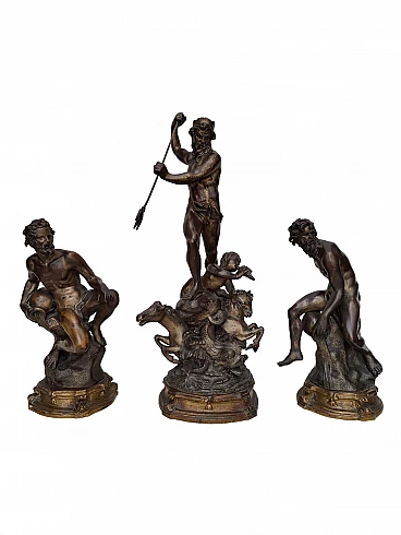 3 Statues depicting God Neptune and allegorical figures in bronze signed E. Avolio, 19th century