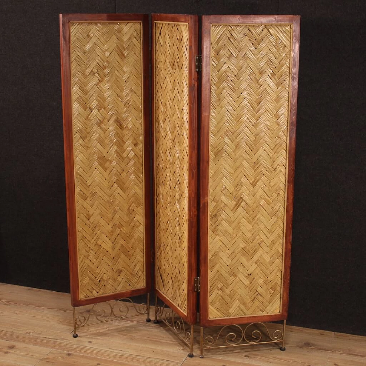 Woven wood and gilded iron screen, France, 80s 1311778