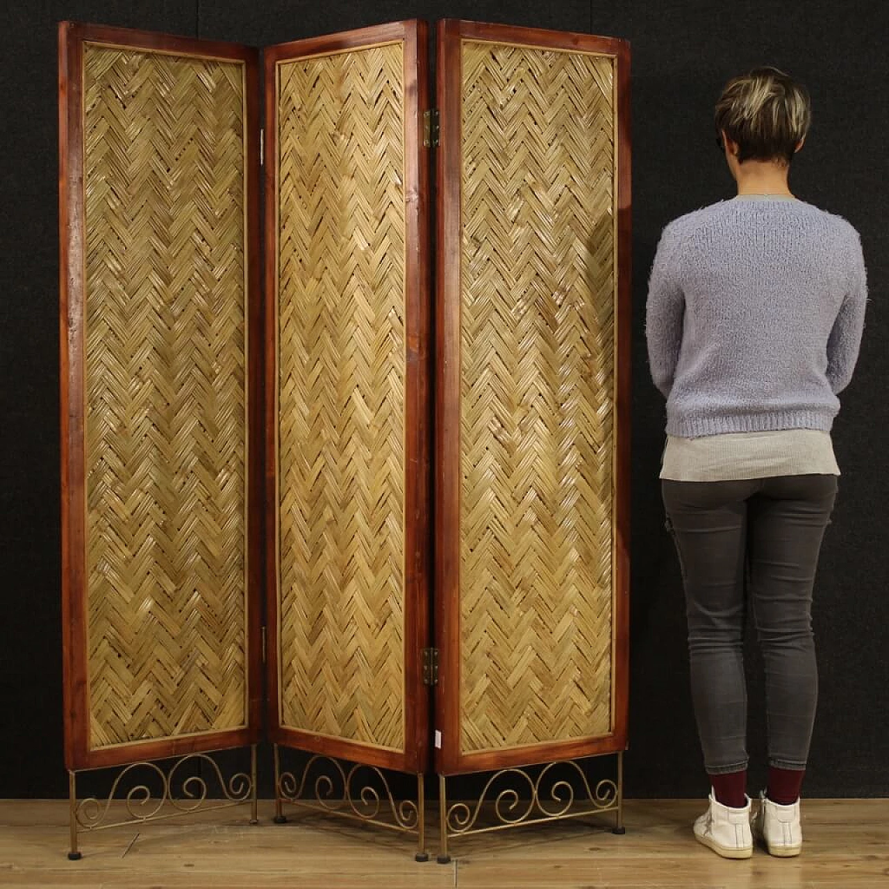 Woven wood and gilded iron screen, France, 80s 1311784