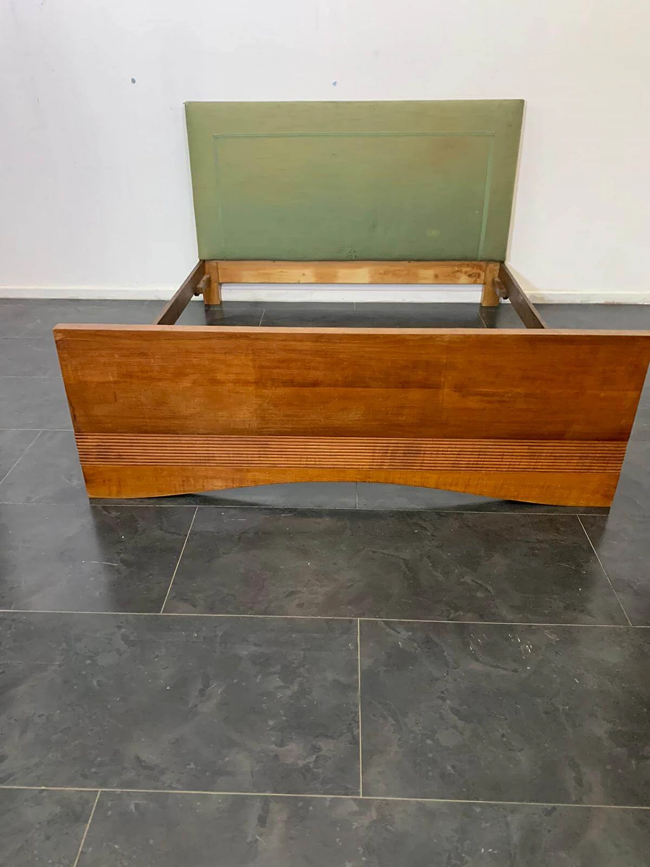 Art Deco bed in cherry wood with maple base and upholstered headboard, 1940s 1311915