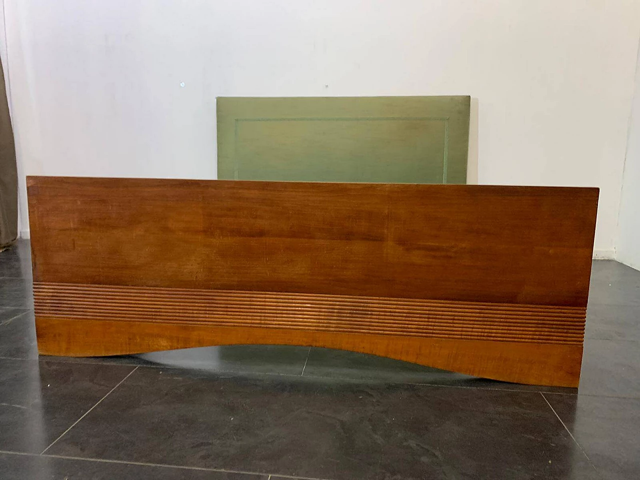 Art Deco bed in cherry wood with maple base and upholstered headboard, 1940s 1311916