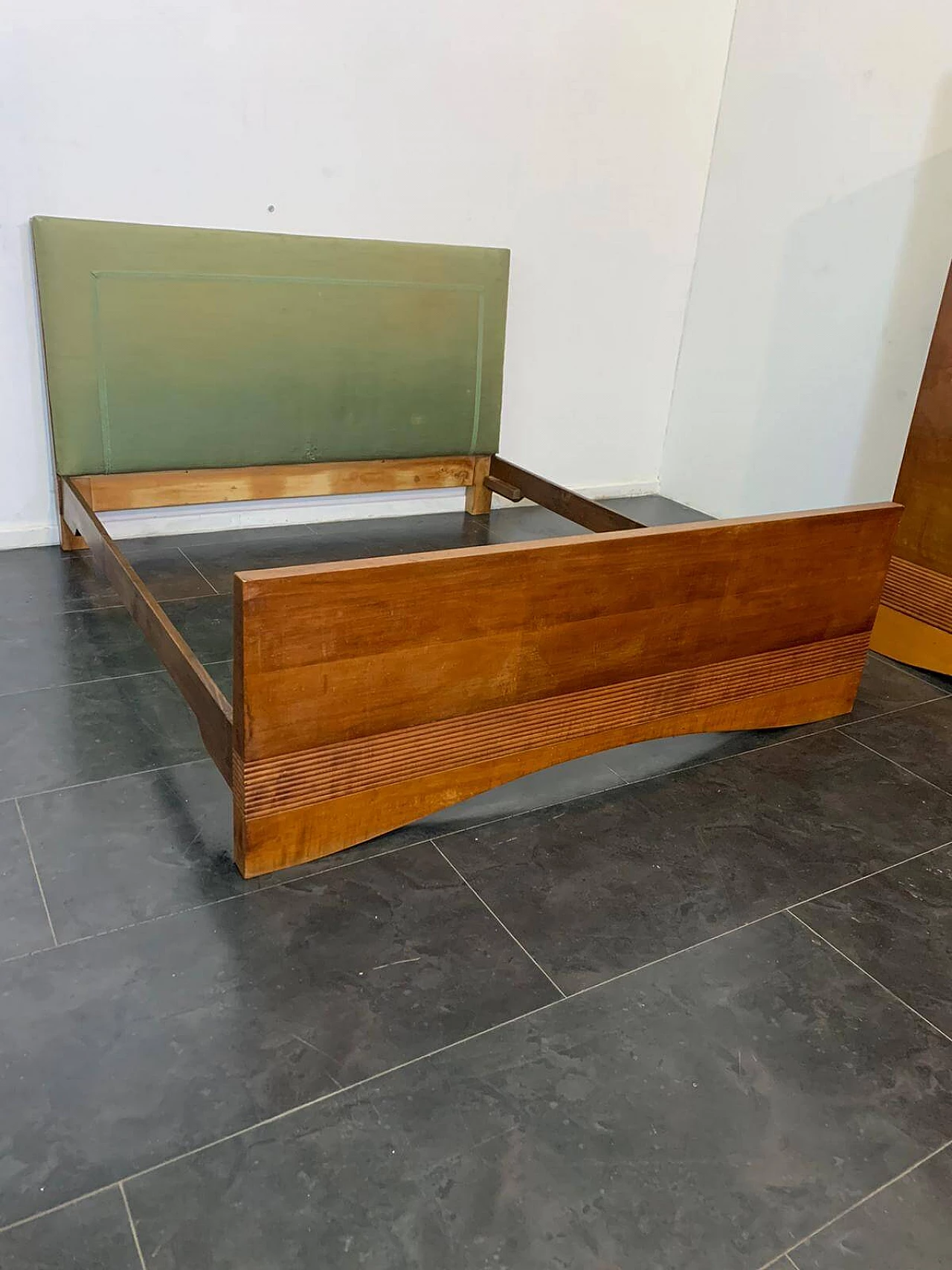 Art Deco bed in cherry wood with maple base and upholstered headboard, 1940s 1311921