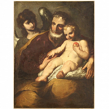 Saint Joseph with Child and angel, oil painting on canvas, 17th century