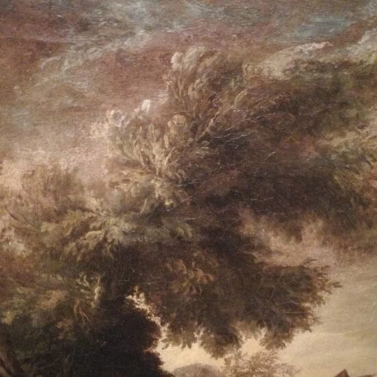 Paesaggio italiano con mulino, dipinto olio su tela, metà '600 1312189