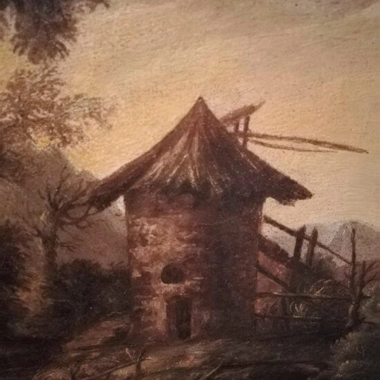 Paesaggio italiano con mulino, dipinto olio su tela, metà '600 1312190