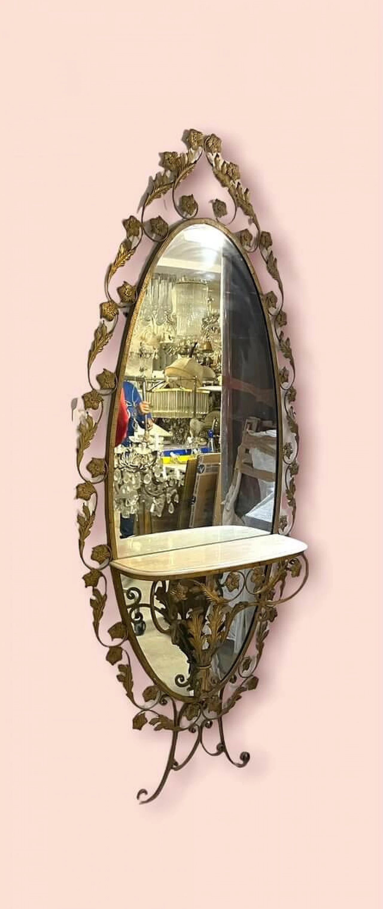 Specchio dorato con tavolino in marmo, anni 40 1312211