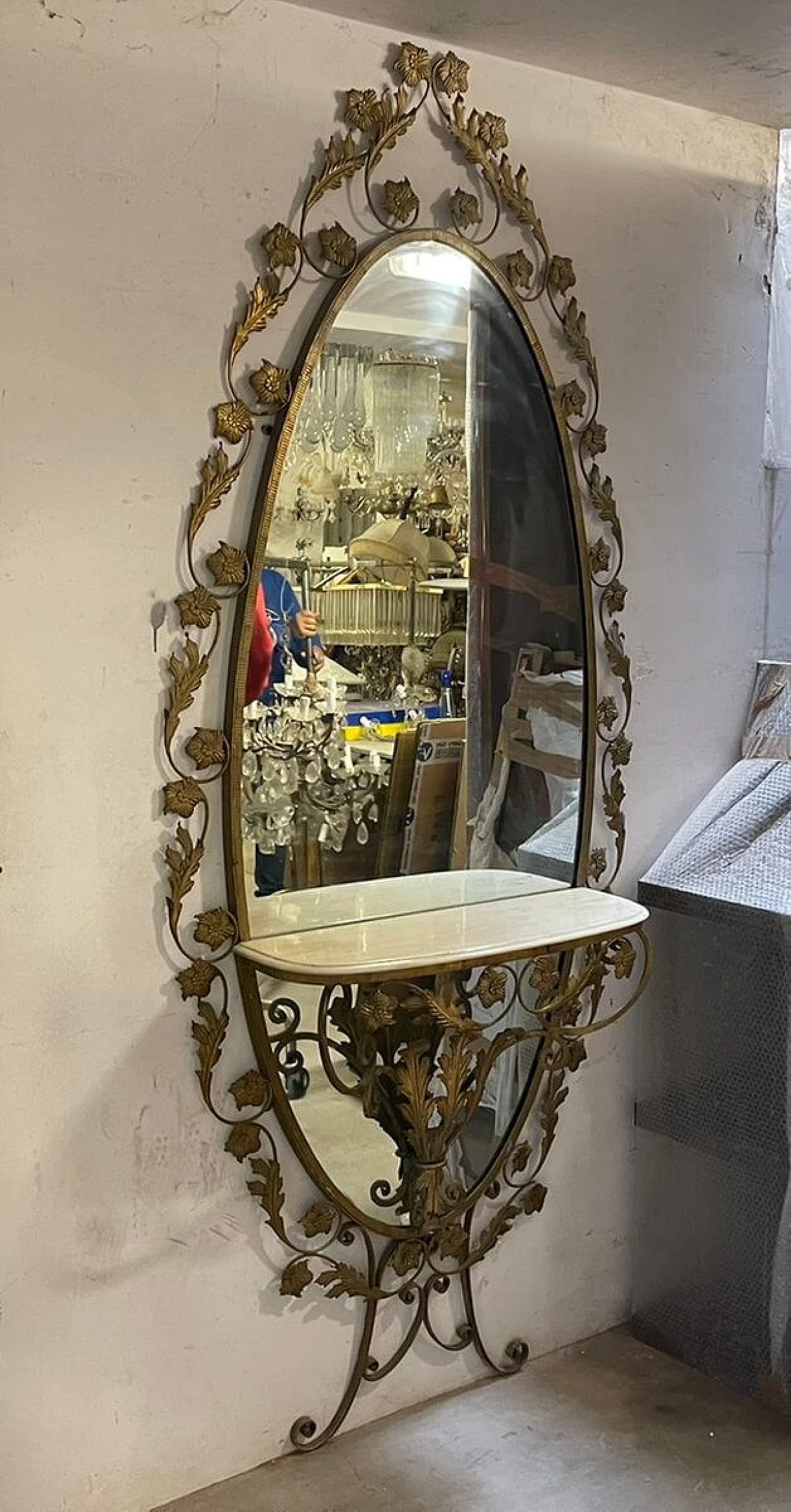 Specchio dorato con tavolino in marmo, anni 40 1312212