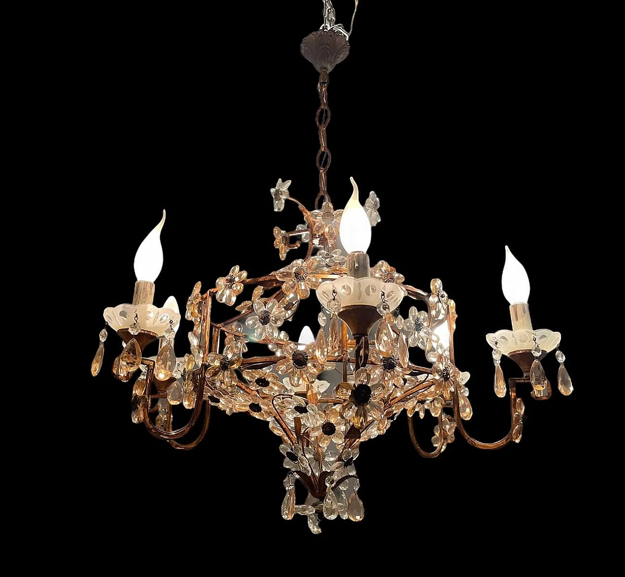 Large Italian Pink Murano Glass Flower Chandelier, 50s 1312236