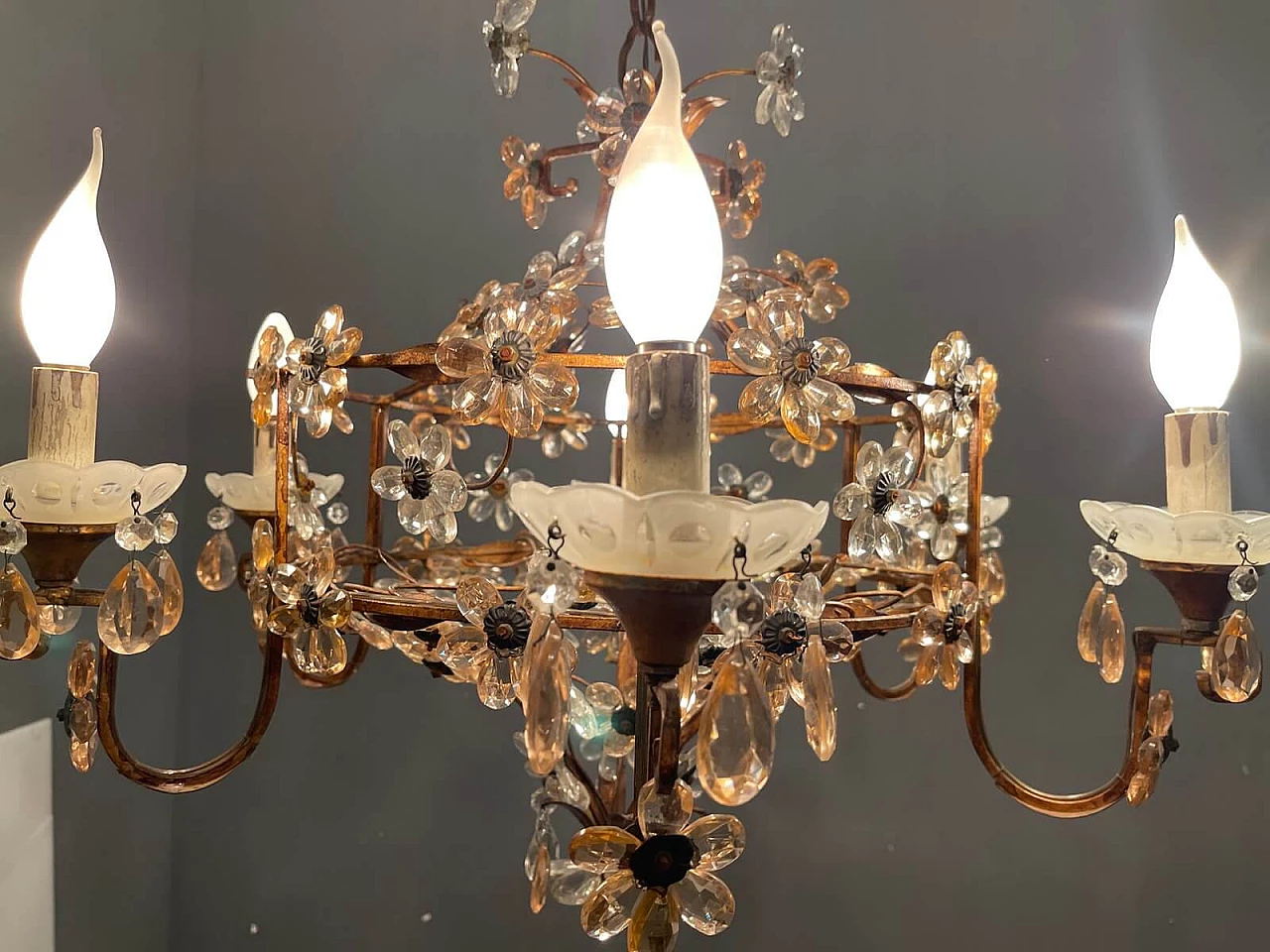 Large Italian Pink Murano Glass Flower Chandelier, 50s 1312237