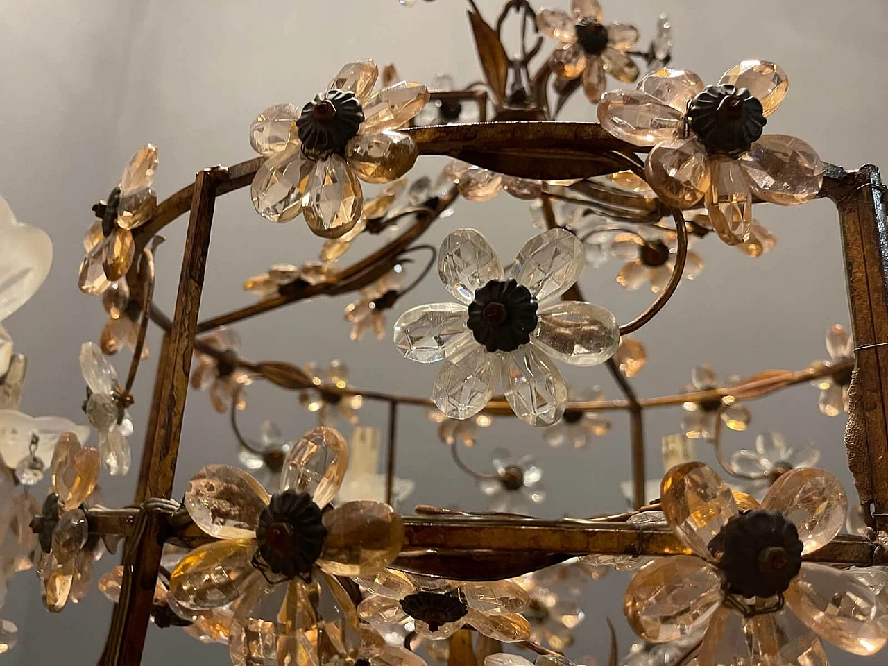 Large Italian Pink Murano Glass Flower Chandelier, 50s 1312238