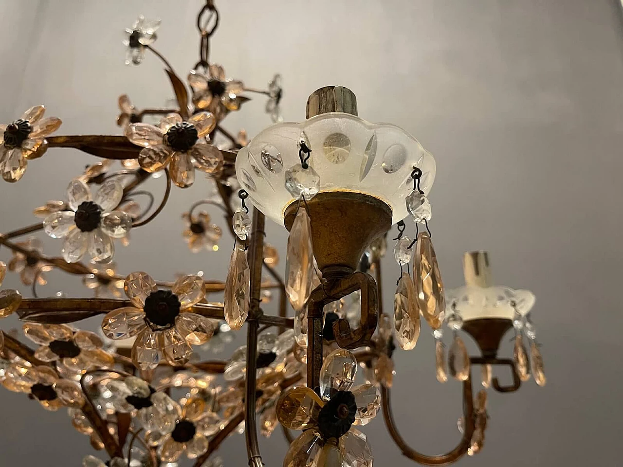 Large Italian Pink Murano Glass Flower Chandelier, 50s 1312239