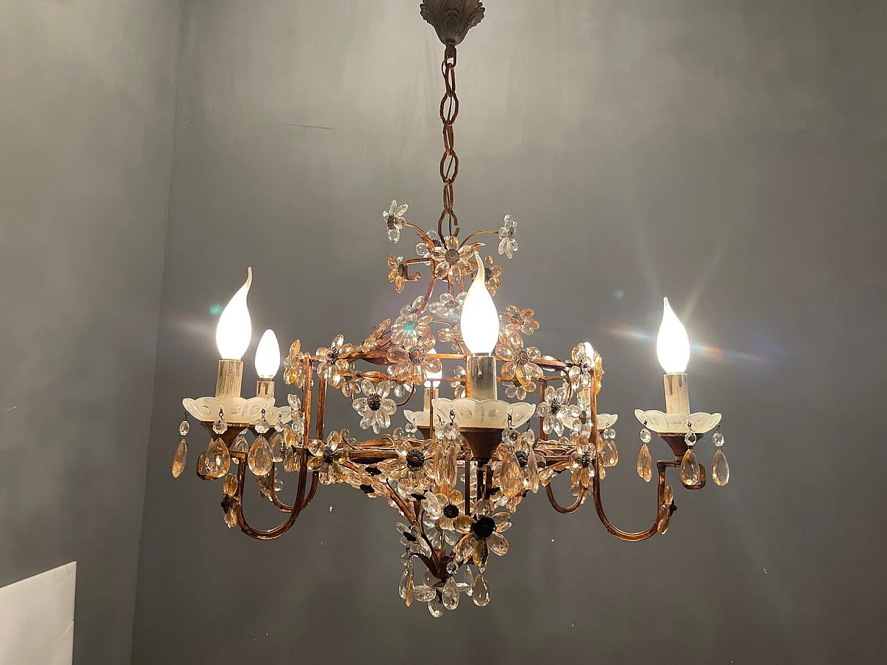 Large Italian Pink Murano Glass Flower Chandelier, 50s 1312241