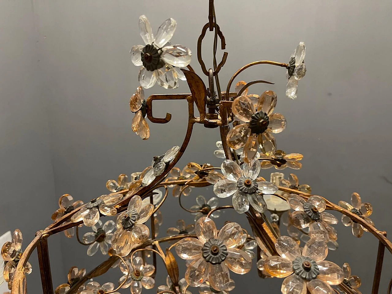 Large Italian Pink Murano Glass Flower Chandelier, 50s 1312242