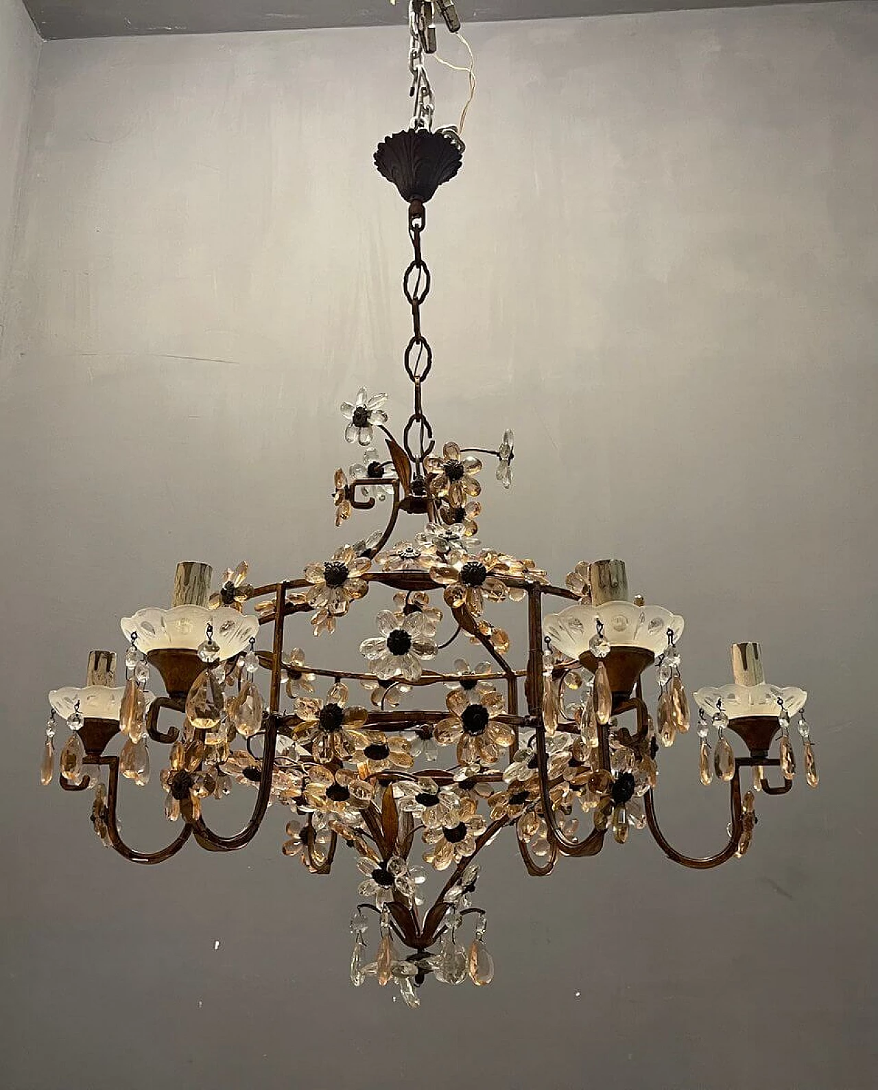 Large Italian Pink Murano Glass Flower Chandelier, 50s 1312243
