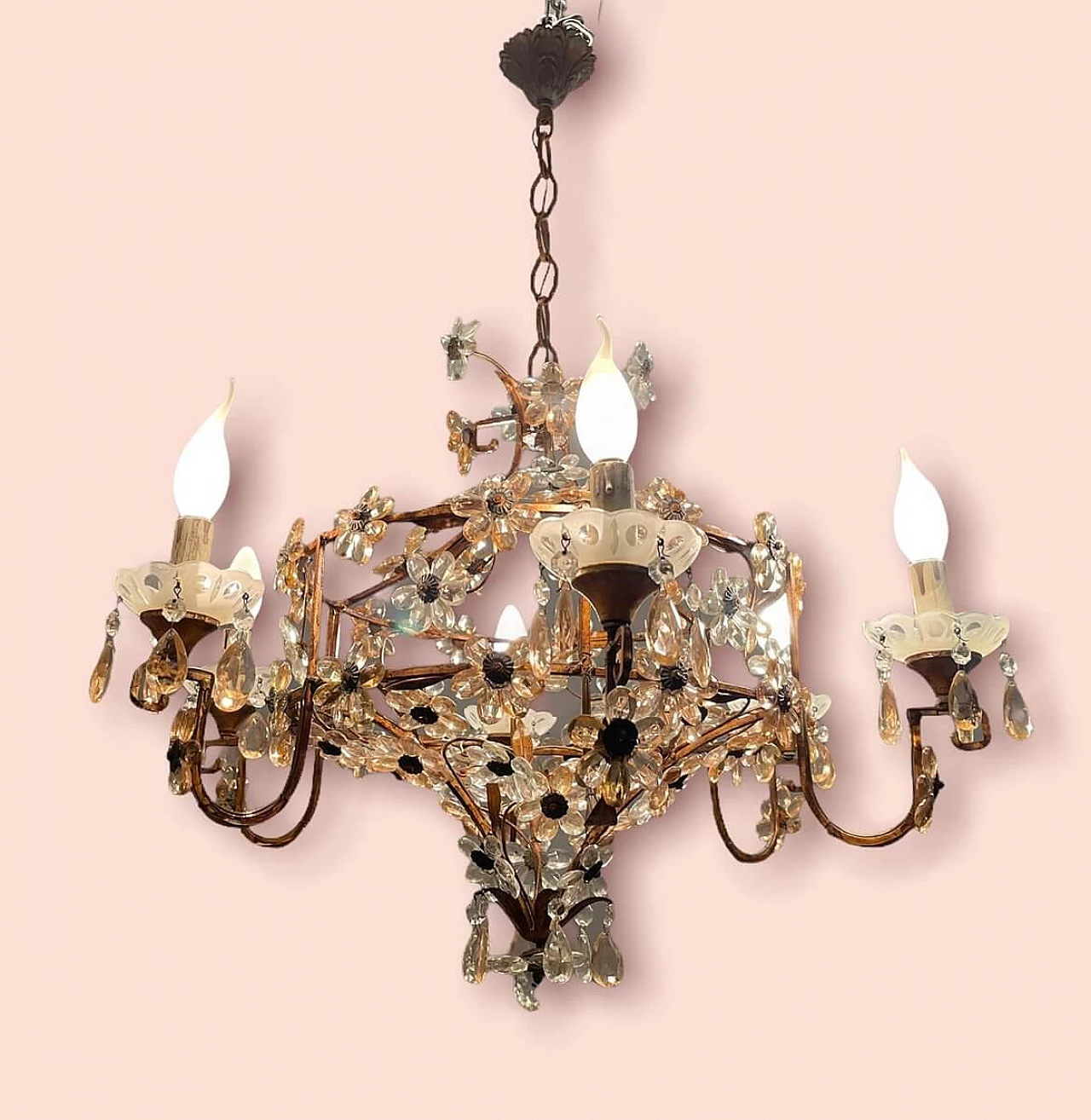 Large Italian Pink Murano Glass Flower Chandelier, 50s 1312245