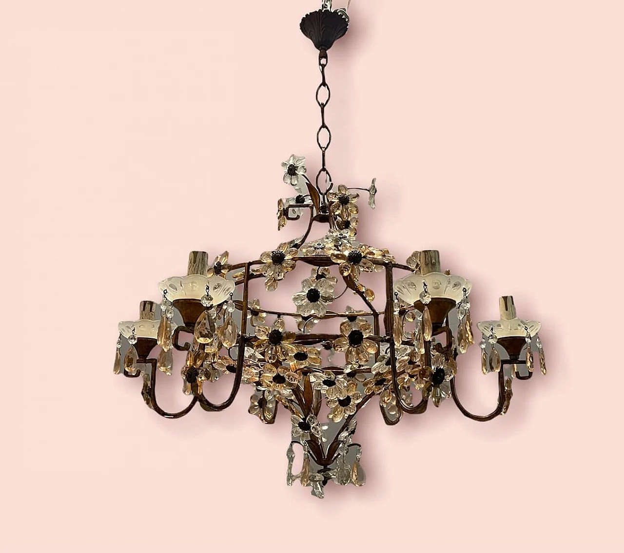 Large Italian Pink Murano Glass Flower Chandelier, 50s 1312246
