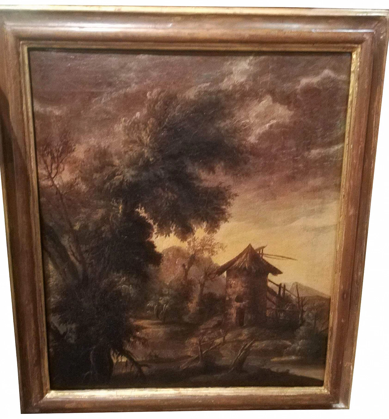 Paesaggio italiano con mulino, dipinto olio su tela, metà '600 1312265