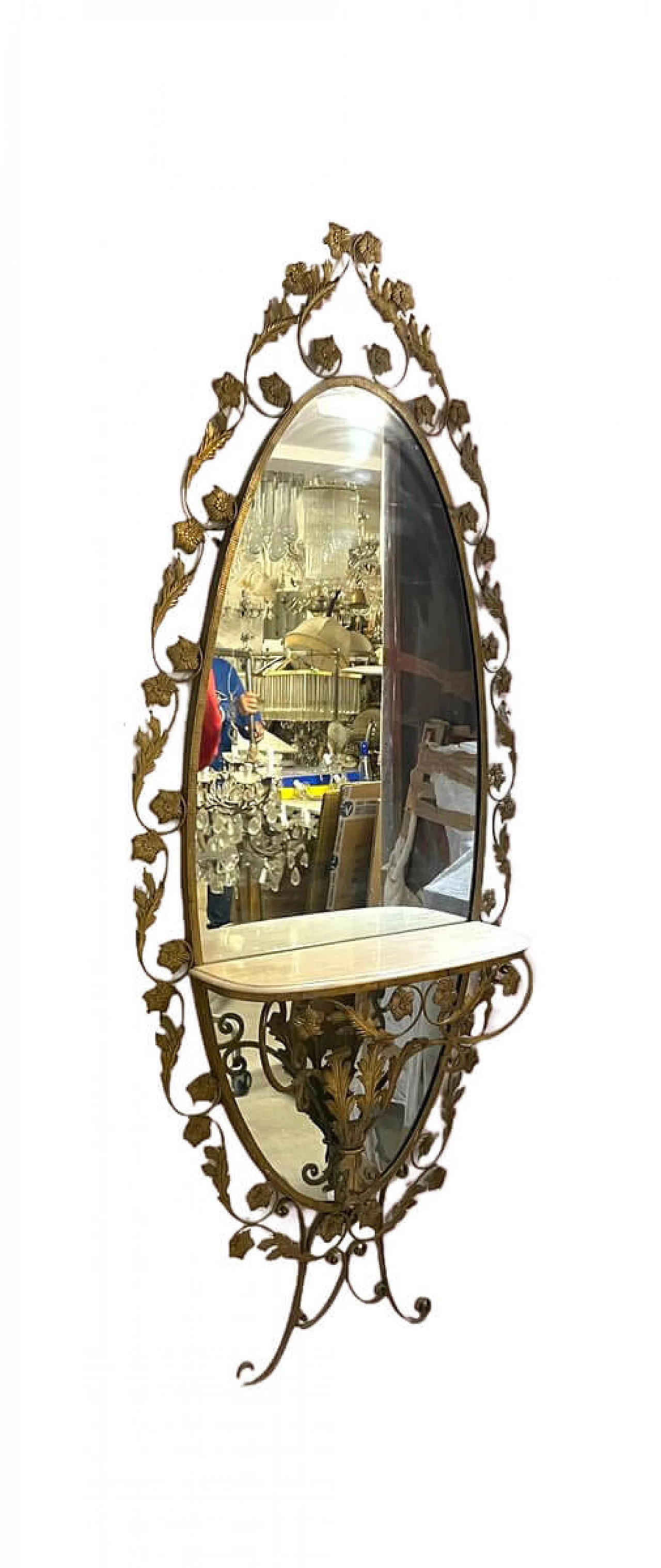 Specchio dorato con tavolino in marmo, anni 40 1312434