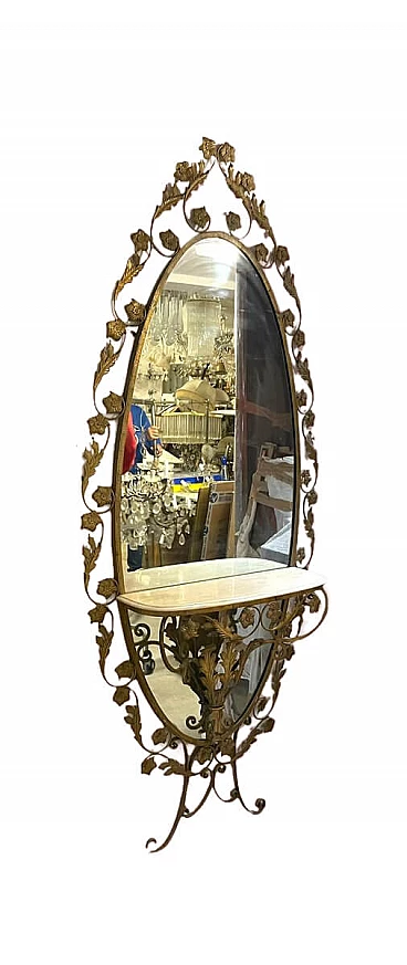 Specchio dorato con tavolino in marmo, anni 40