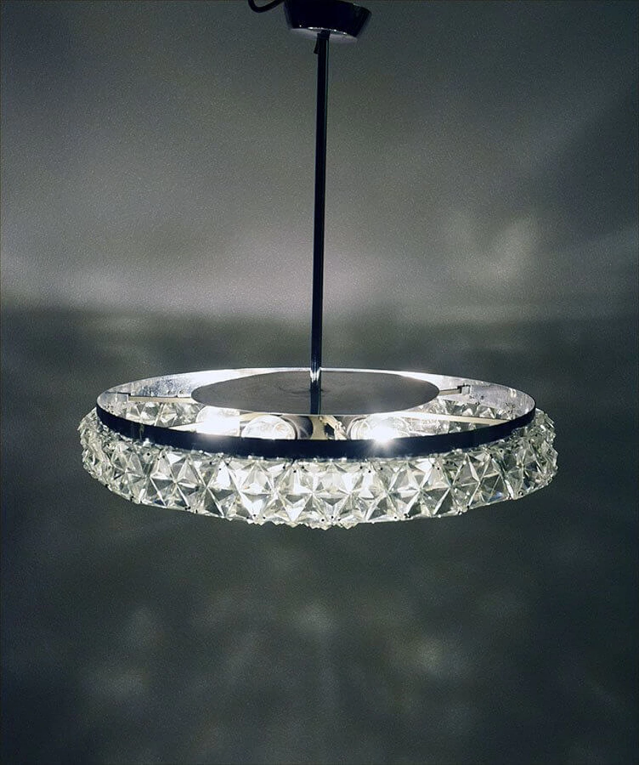 6-light chandelier in chromed brass and crystal gems attributed to Oscar Torlasco, 70s 1312562
