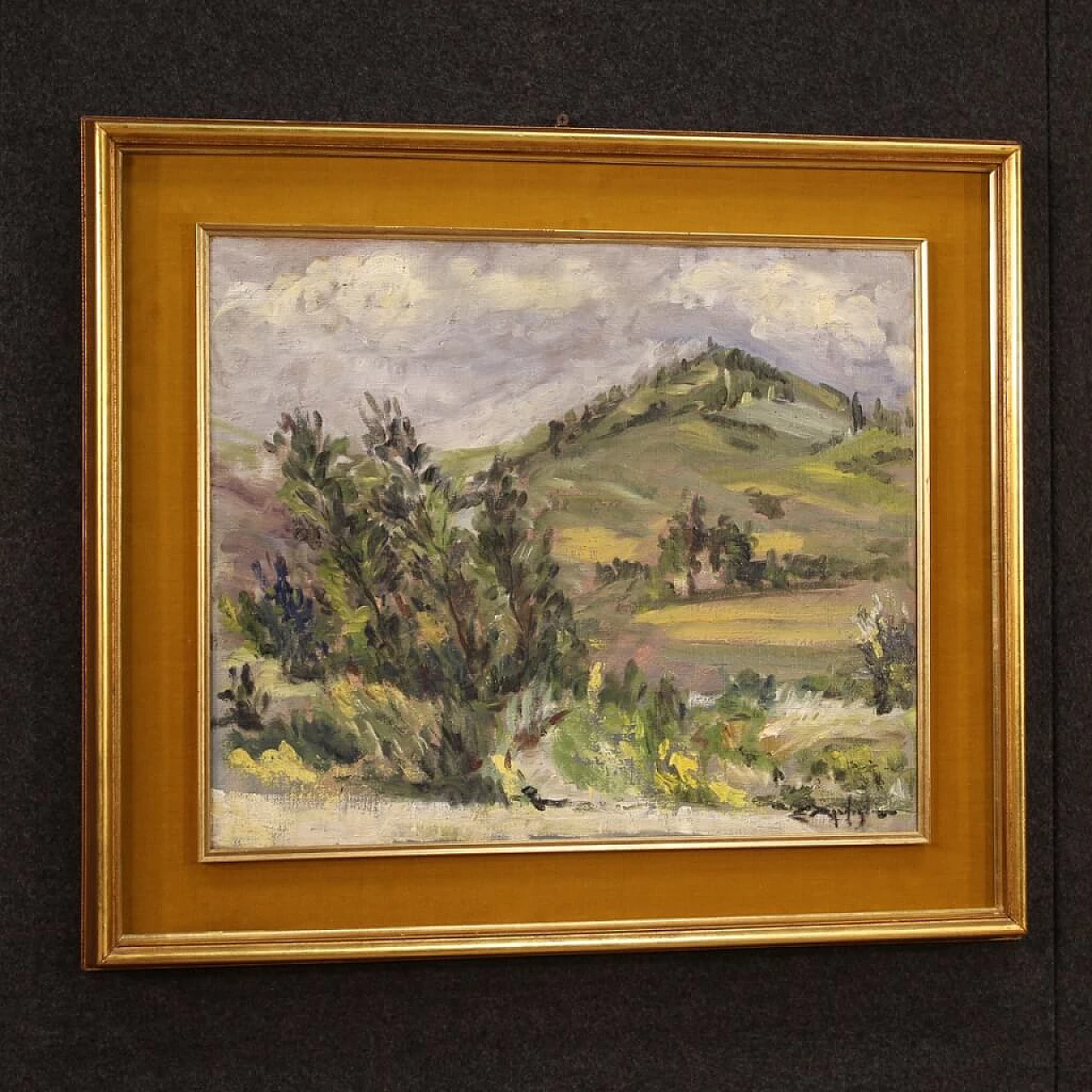 Paesaggio di campagna in stile impressionista, dipinto italiano olio su tela 1312666