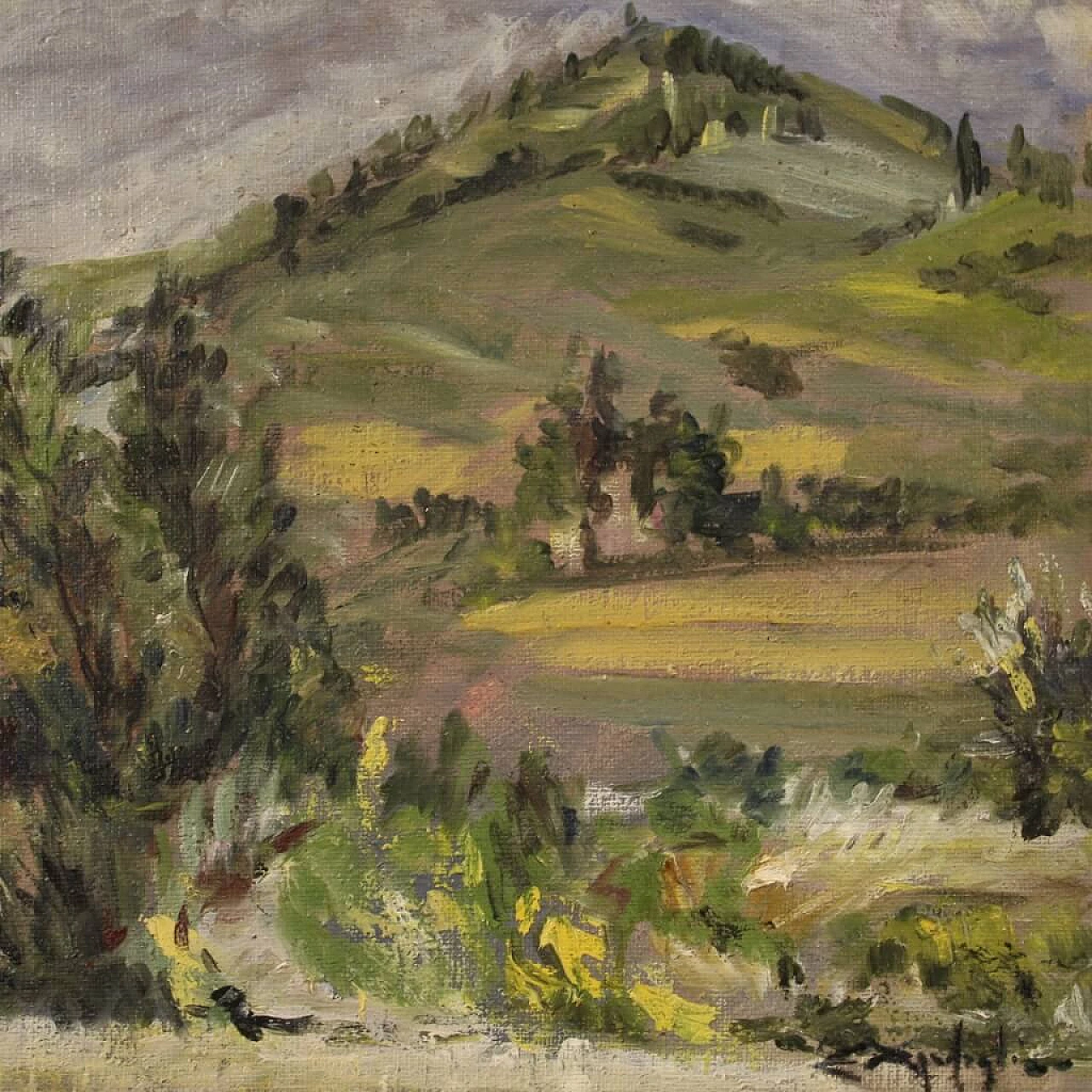 Paesaggio di campagna in stile impressionista, dipinto italiano olio su tela 1312667