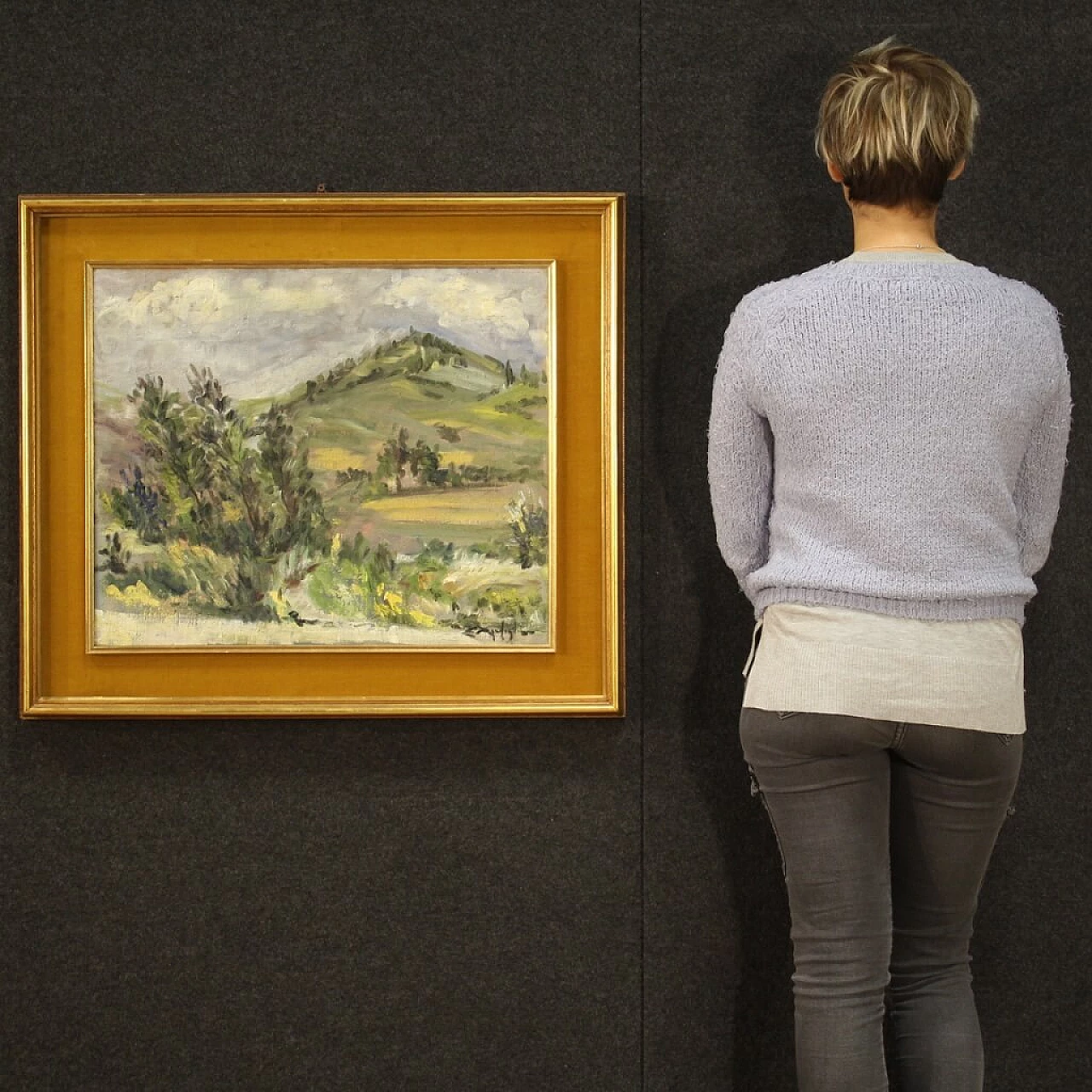 Paesaggio di campagna in stile impressionista, dipinto italiano olio su tela 1312670