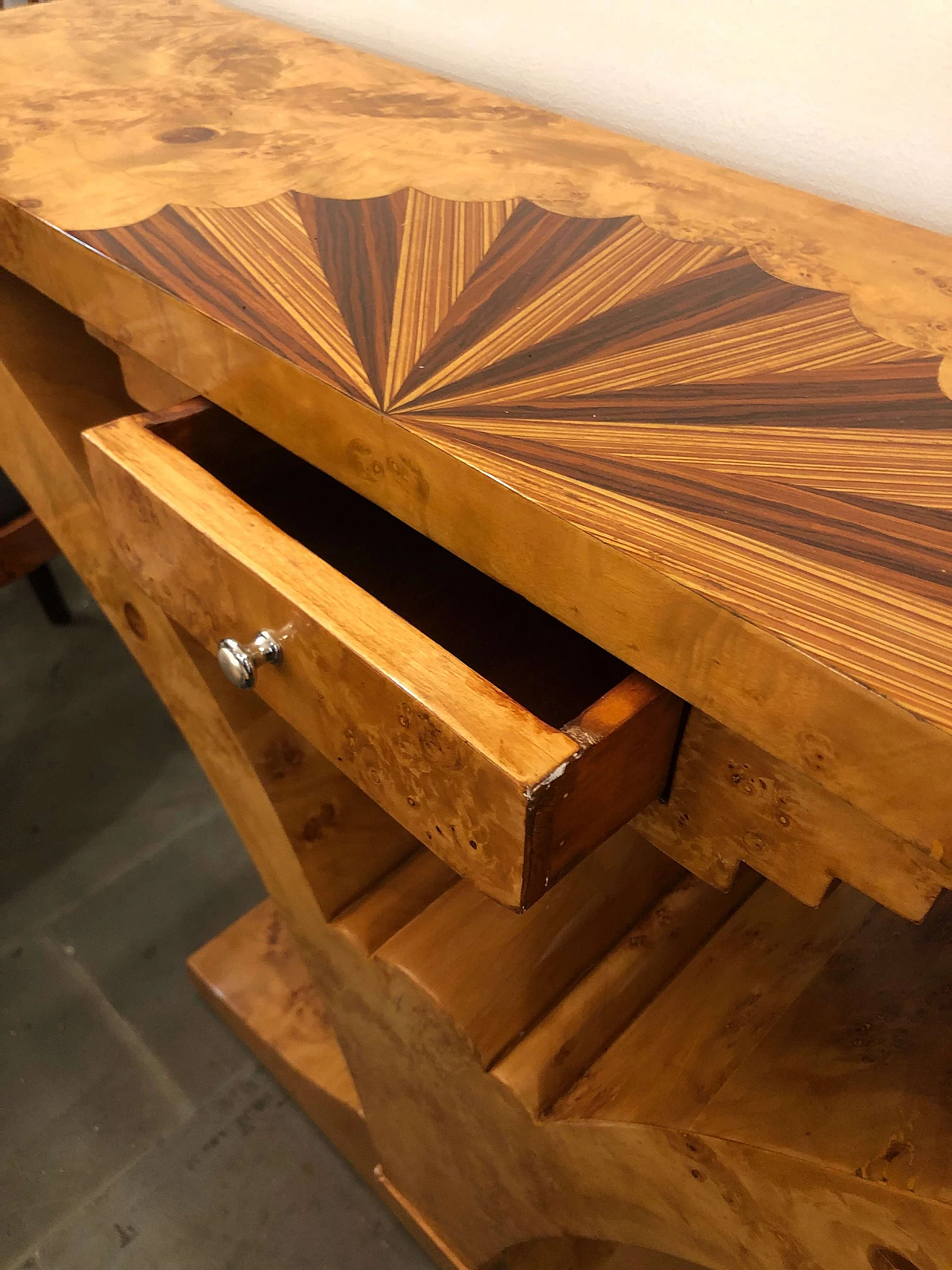 Consolle Art Decò in radica di betulla e palissandro, anni '30 1312685