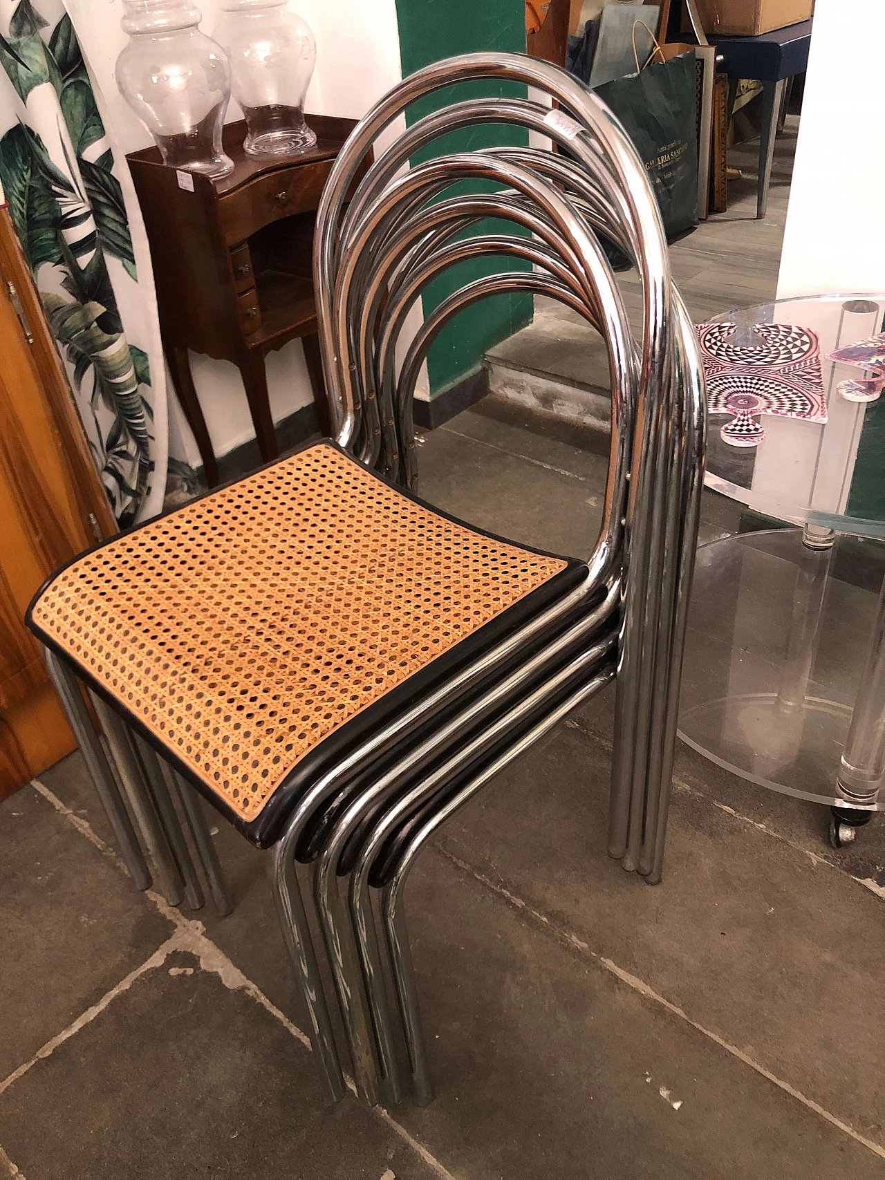 4 Sedie con seduta in paglia nello stile di Willy Rizzo, anni '70 1312687