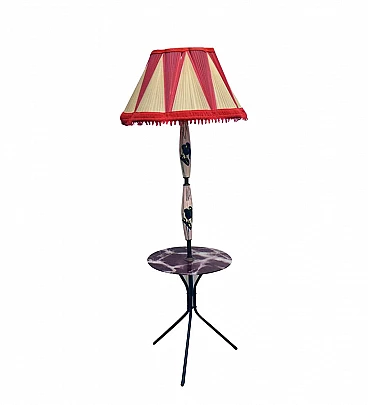 Floor lamp in ceramic, painted metal, brass and glass top, 50s