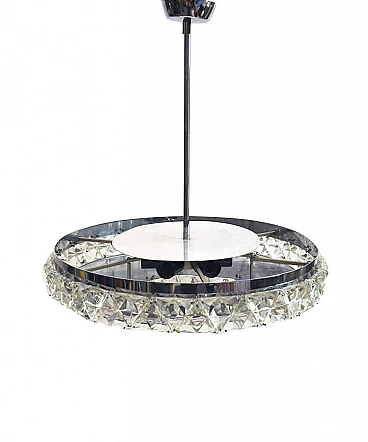 6-light chandelier in chromed brass and crystal gems attributed to Oscar Torlasco, 70s