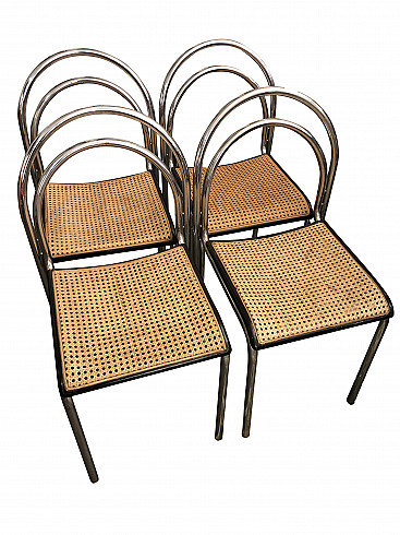 4 Chairs with straw seats in the style of Willy Rizzo, 1970s