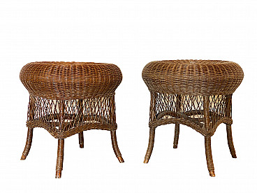Coppia di tavolini in vimini e bambù, anni '70