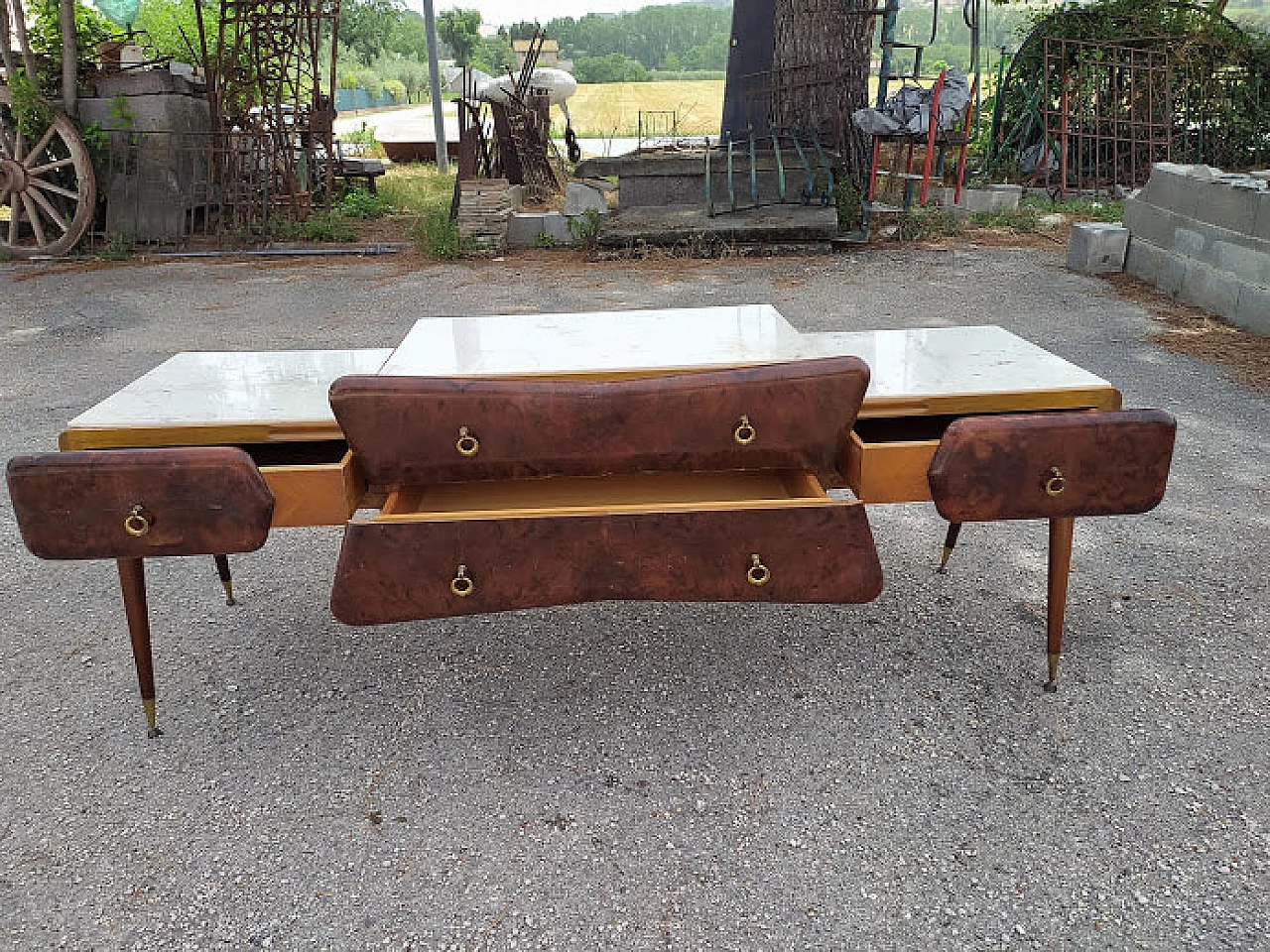 Vanity table with mirror in plywood, walnut, Carrara marble and metal by Paolo Buffa, 60s 1322753