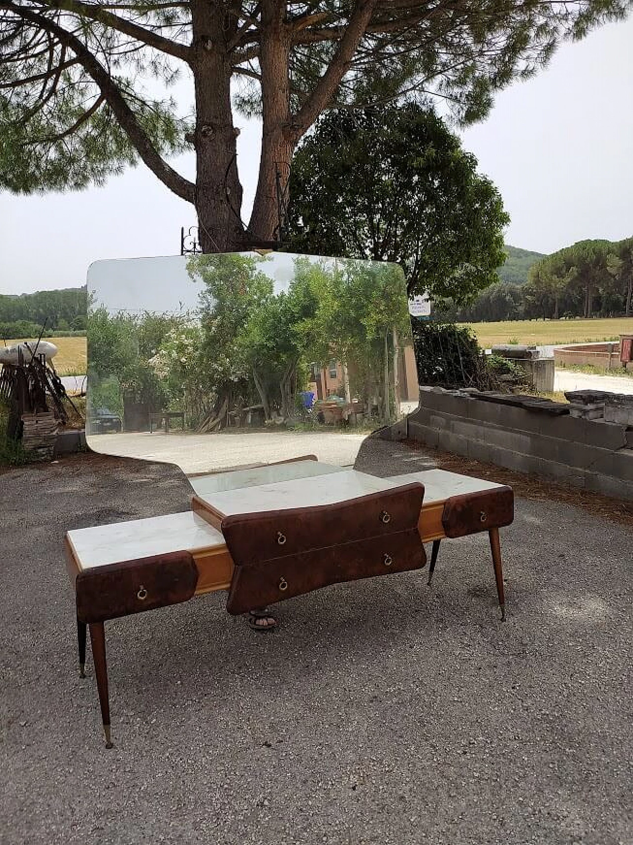 Vanity table with mirror in plywood, walnut, Carrara marble and metal by Paolo Buffa, 60s 1322754