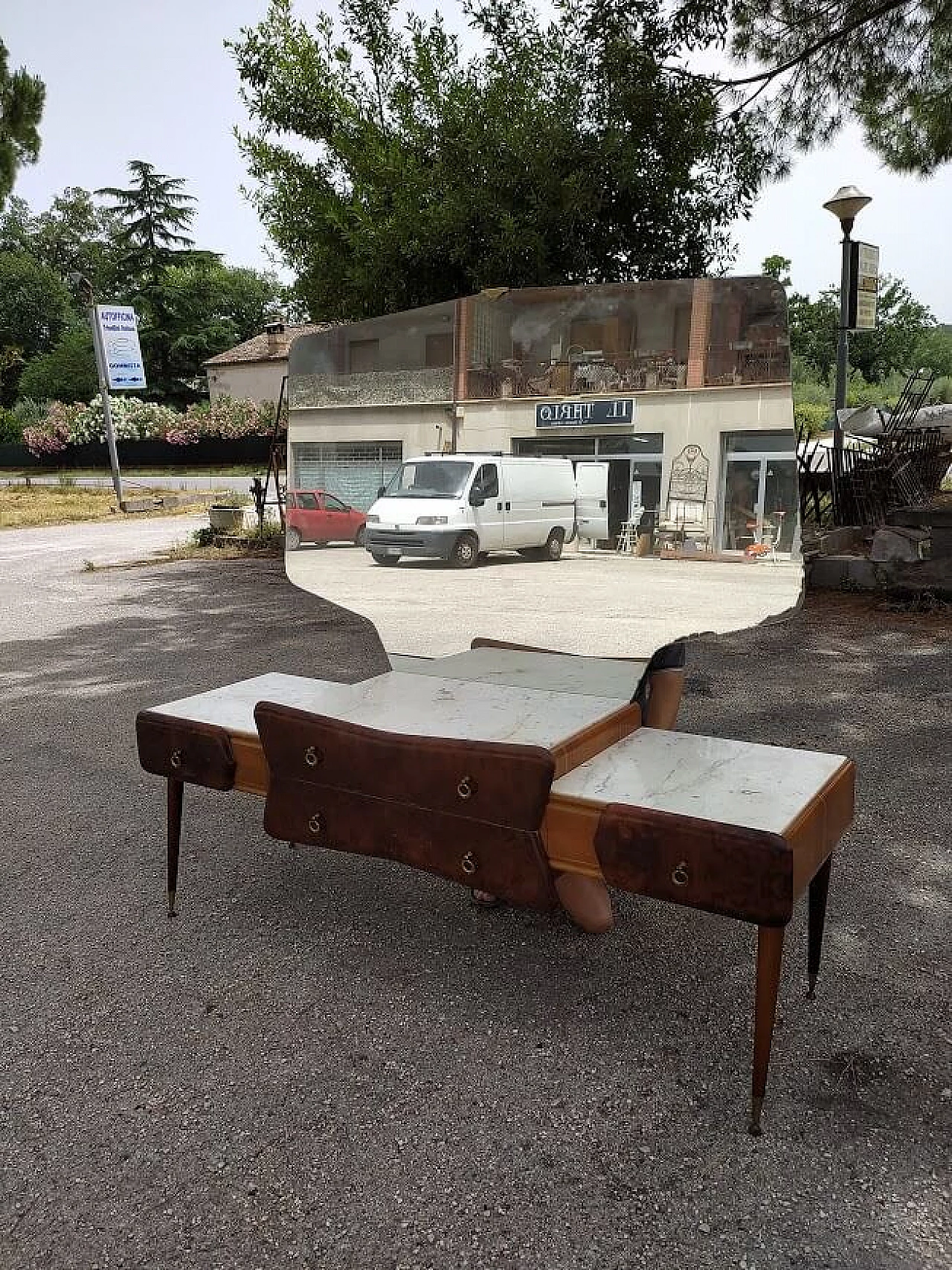 Vanity table with mirror in plywood, walnut, Carrara marble and metal by Paolo Buffa, 60s 1322755