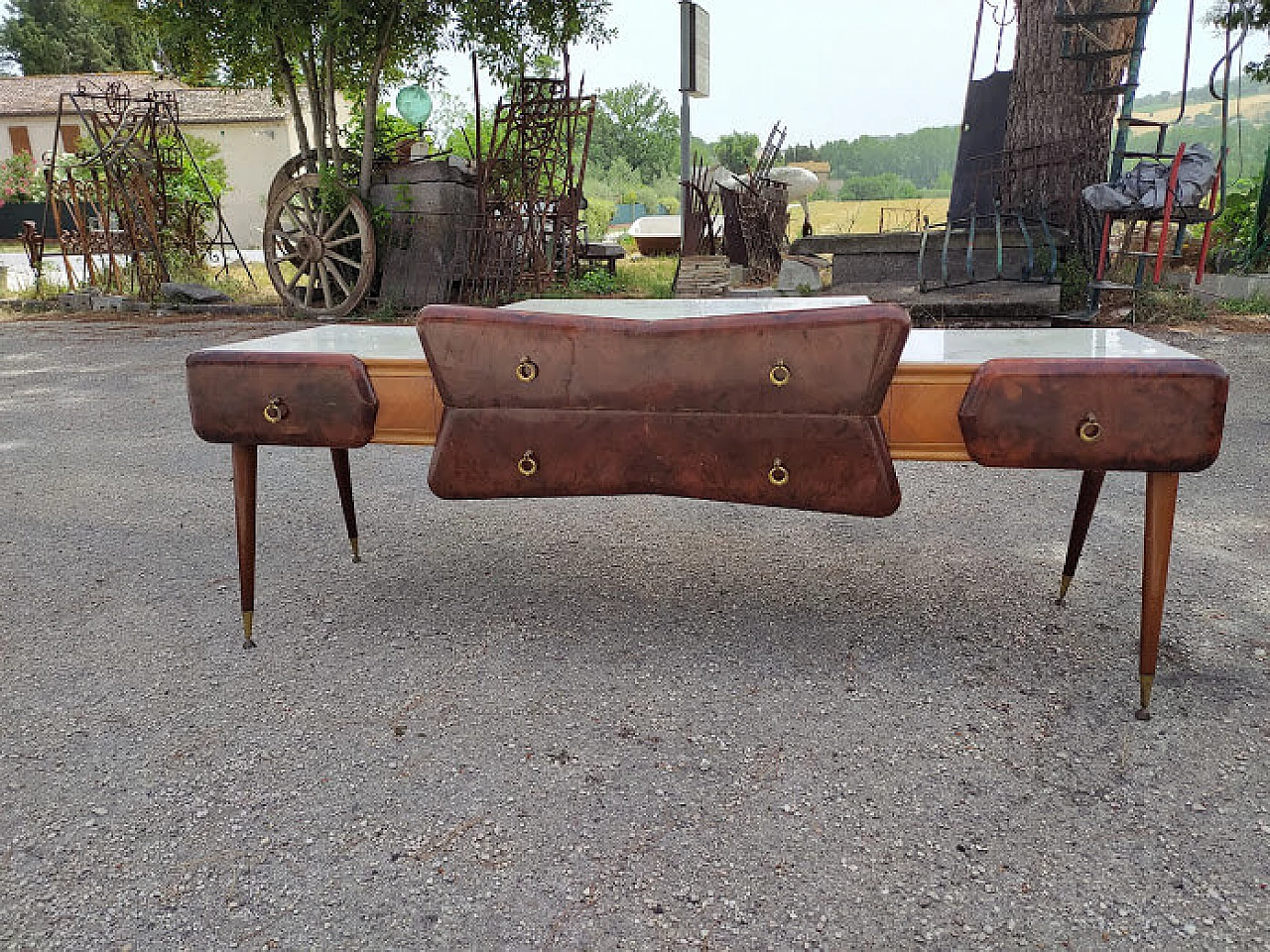 Vanity table with mirror in plywood, walnut, Carrara marble and metal by Paolo Buffa, 60s 1322757