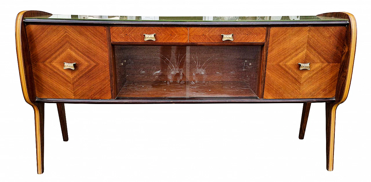 Sideboard in wood with sliding beveled glass, green glass top and metal handles by Vittori Dassi, 50s 1322891