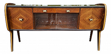 Sideboard in wood with sliding beveled glass, green glass top and metal handles by Vittori Dassi, 50s