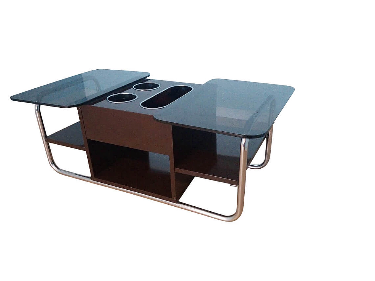 Tavolino in metallo cromato con piano in vetro fumé, anni '60 1323737