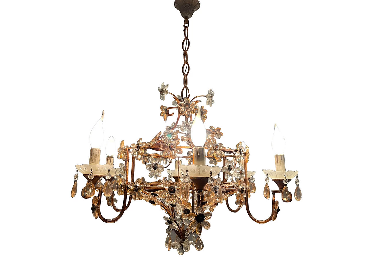 Large Italian Pink Murano Glass Flower Chandelier, 50s 1324125