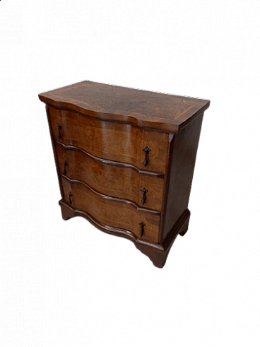 Mobiletto a tre cassetti lastronato in noce e radica, anni '50