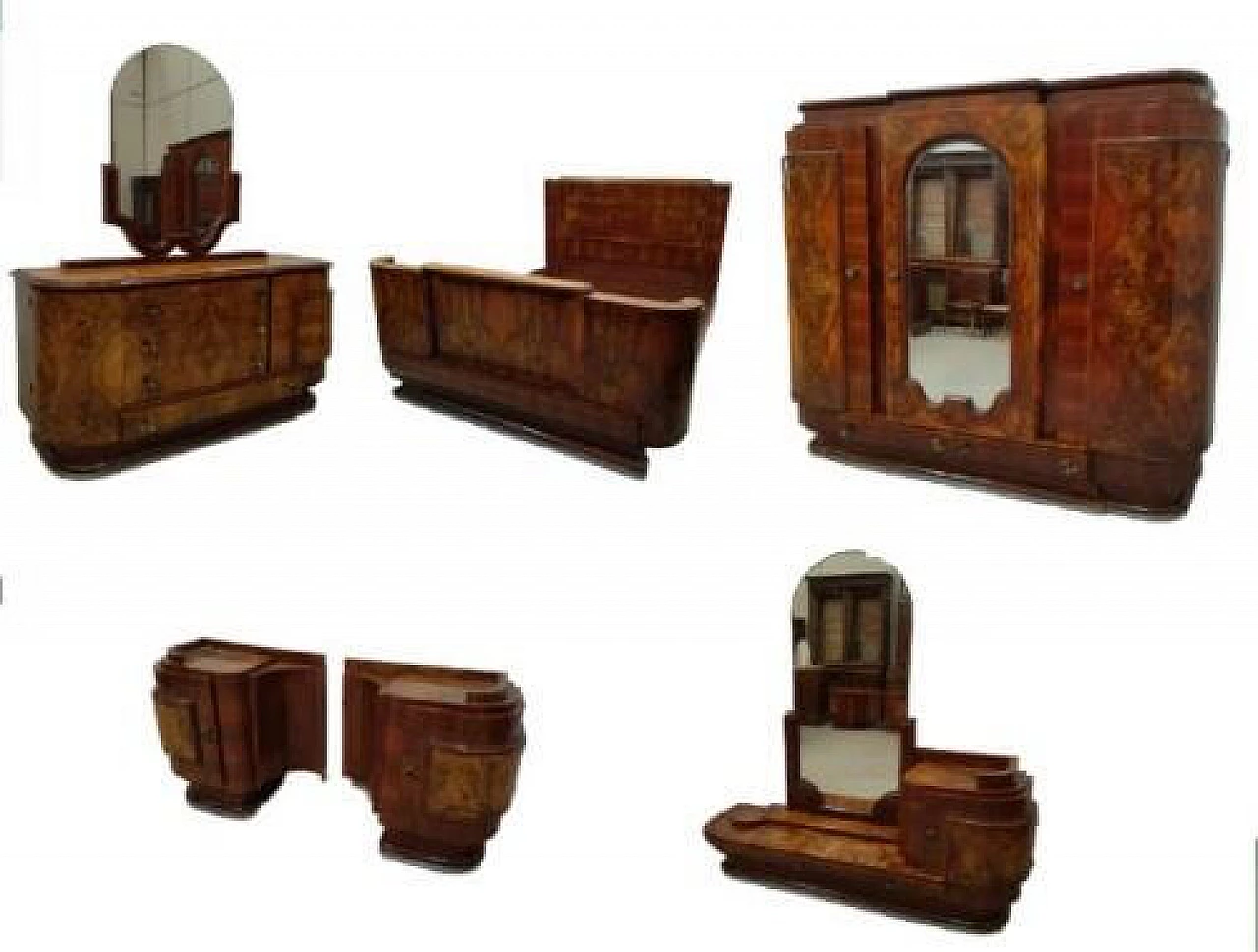 Camera completa Art Decò impiallacciata in noce, anni '30 1324372