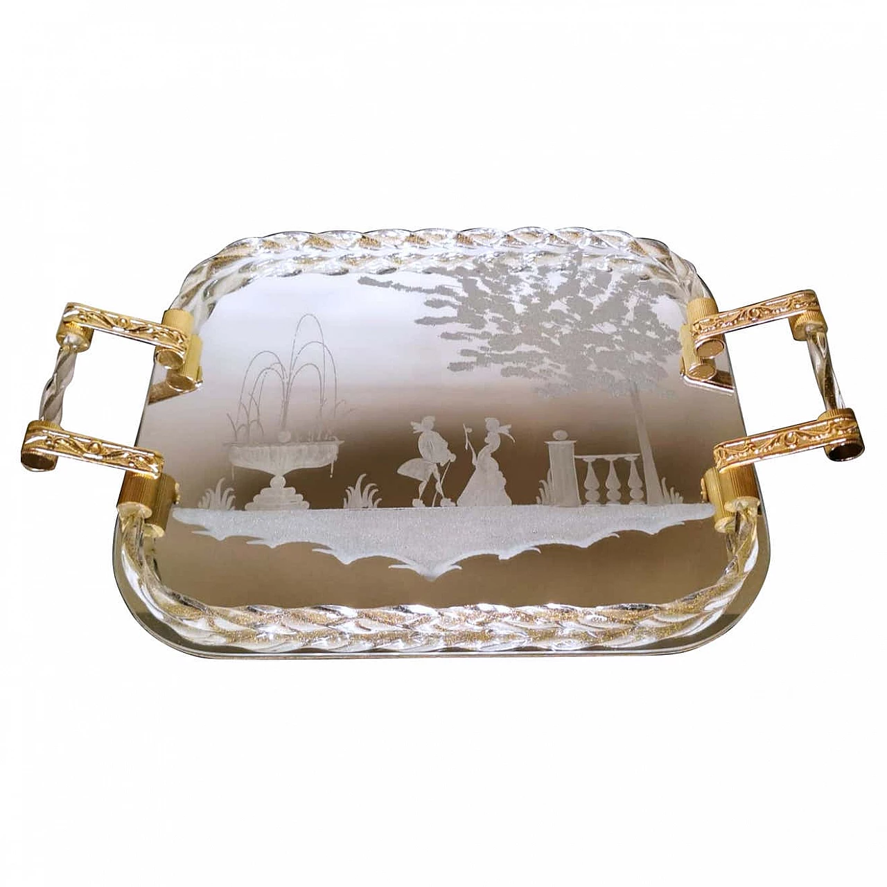 Barovier style vanity tray with etched mirror, twisted Murano glass rope, brass and wood, 50s 1324760