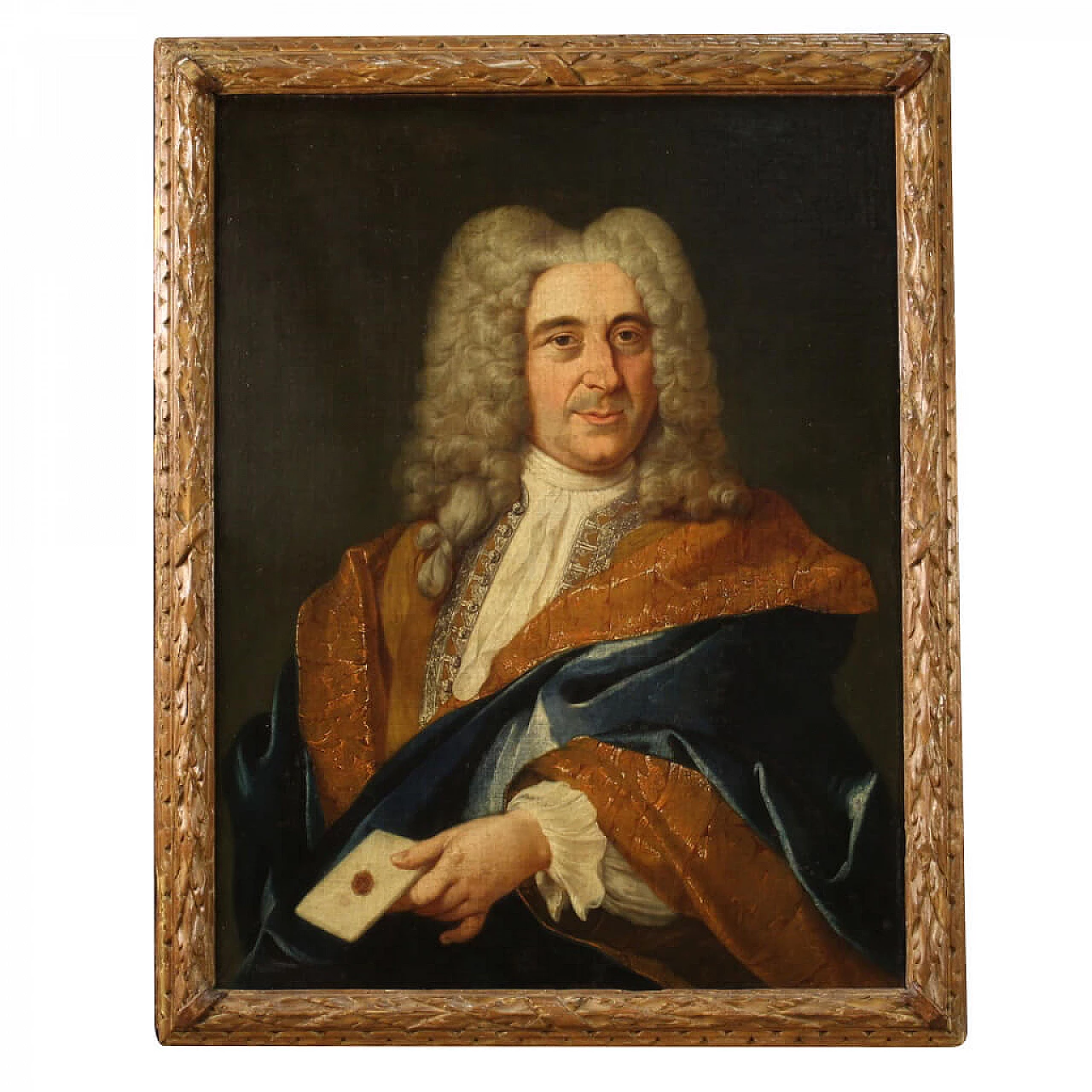 Ritratto di nobile con lettera, dipinto francese olio su tela, '700 1324887