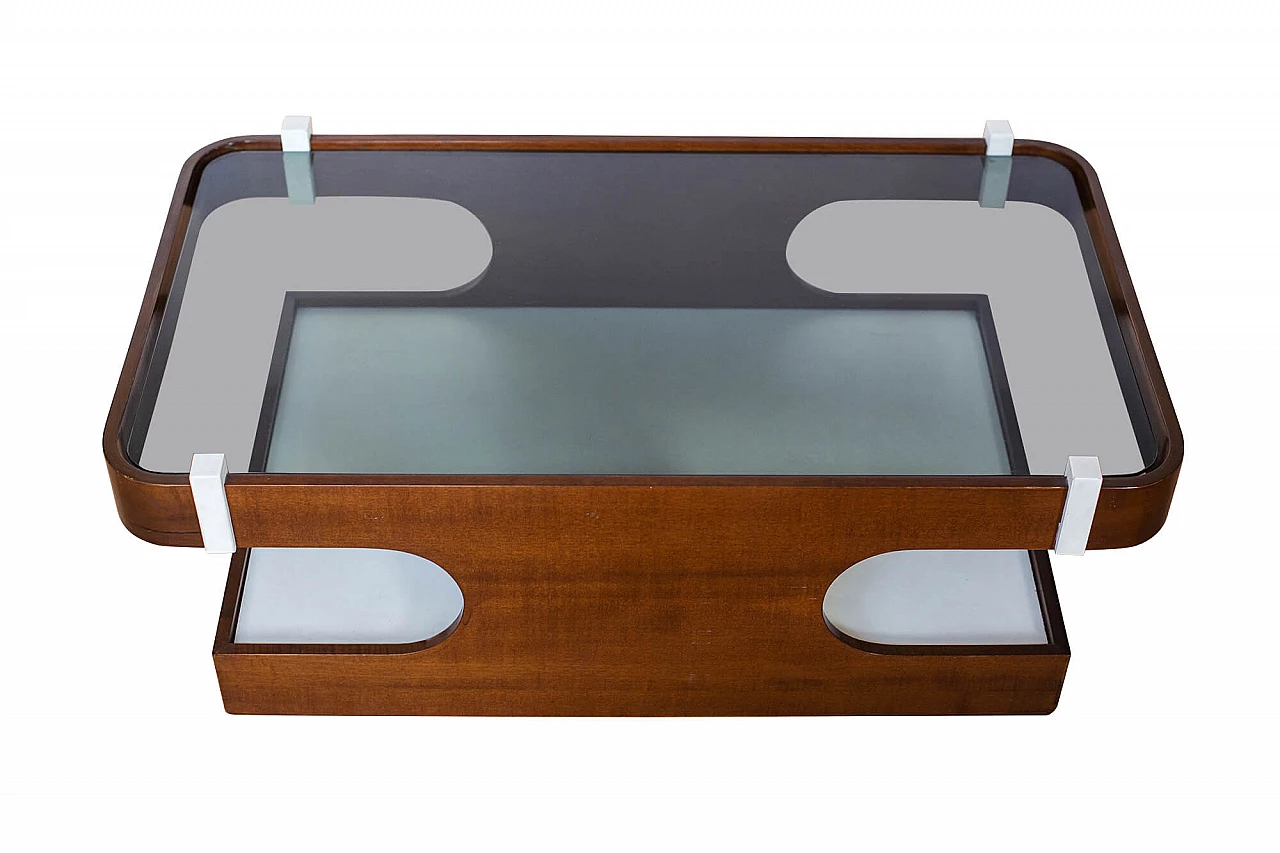 Two-tone coffee table in walnut and smoked glass, 1970s 1326533