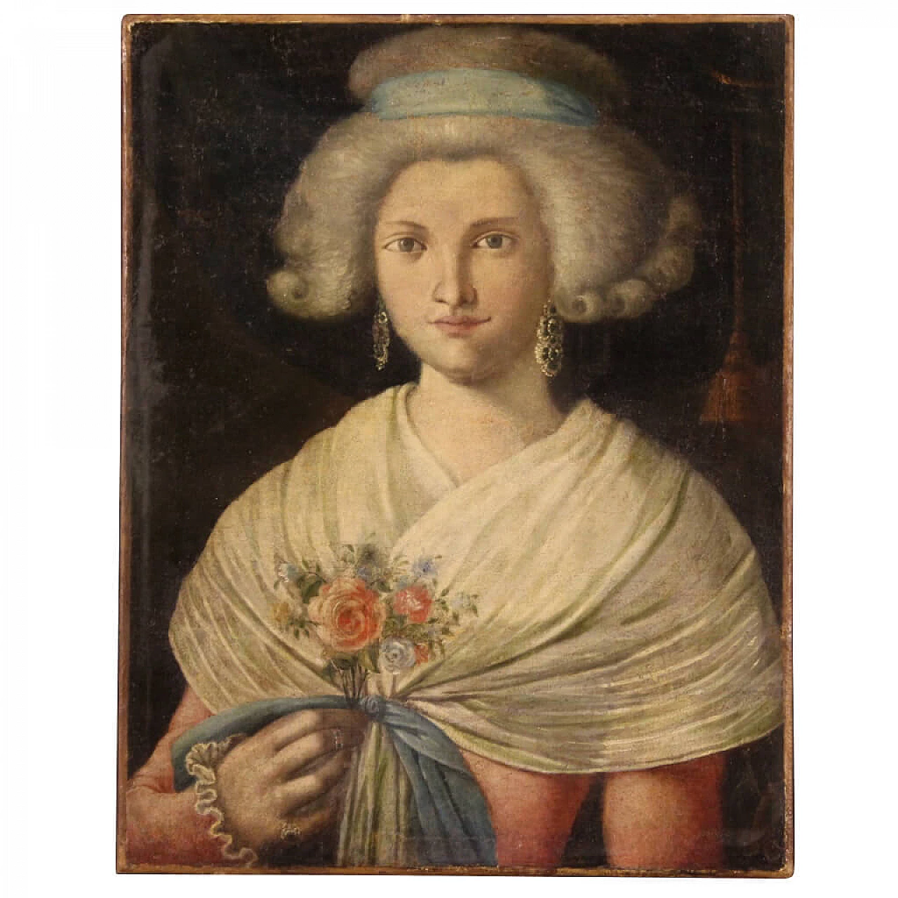 Dama con mazzolino di fiori, ritratto francese olio su tela, '700 1326936