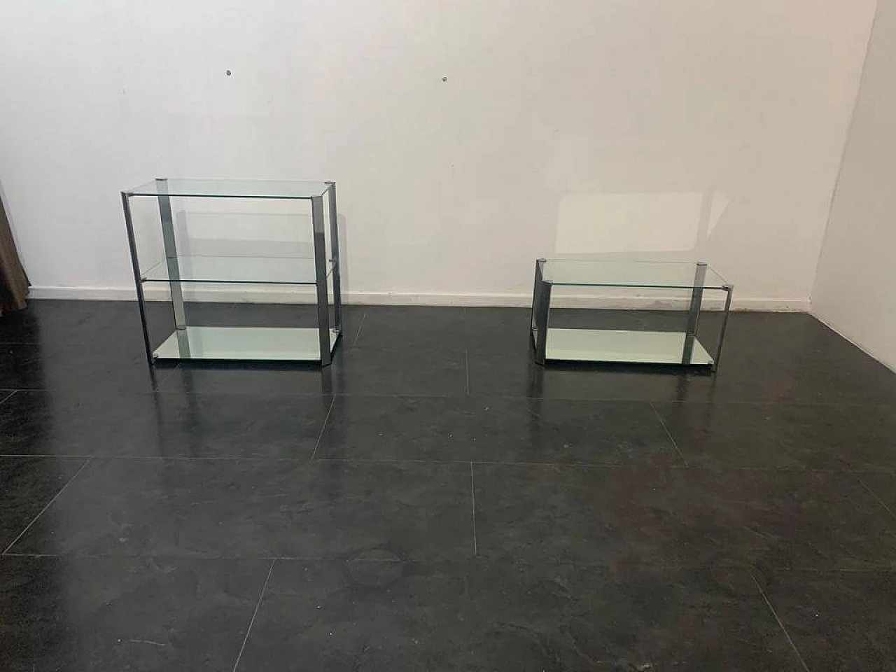 Crystal and steel coffee table and small cabinet for living room, 1970s 1326940