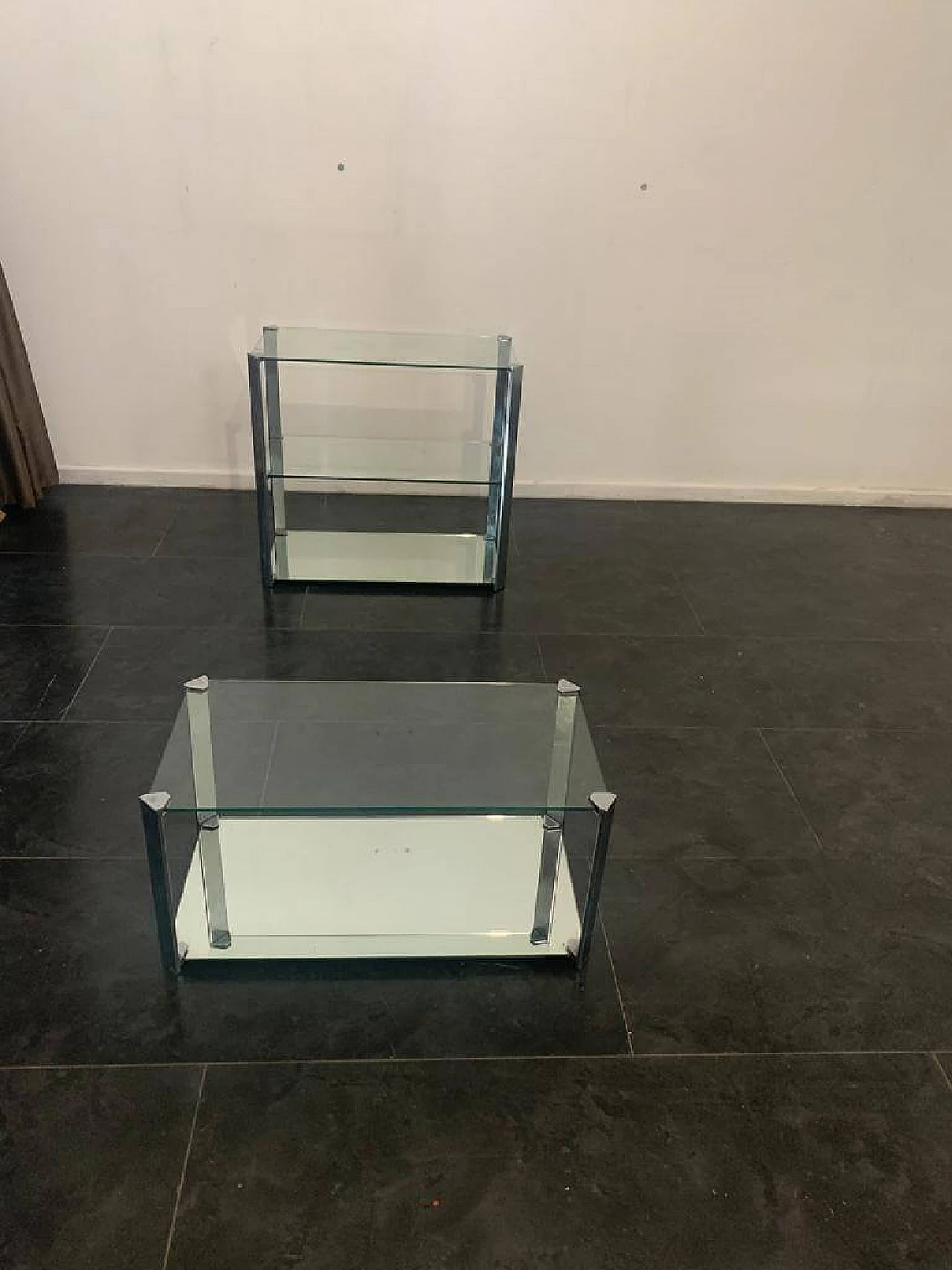 Crystal and steel coffee table and small cabinet for living room, 1970s 1326942