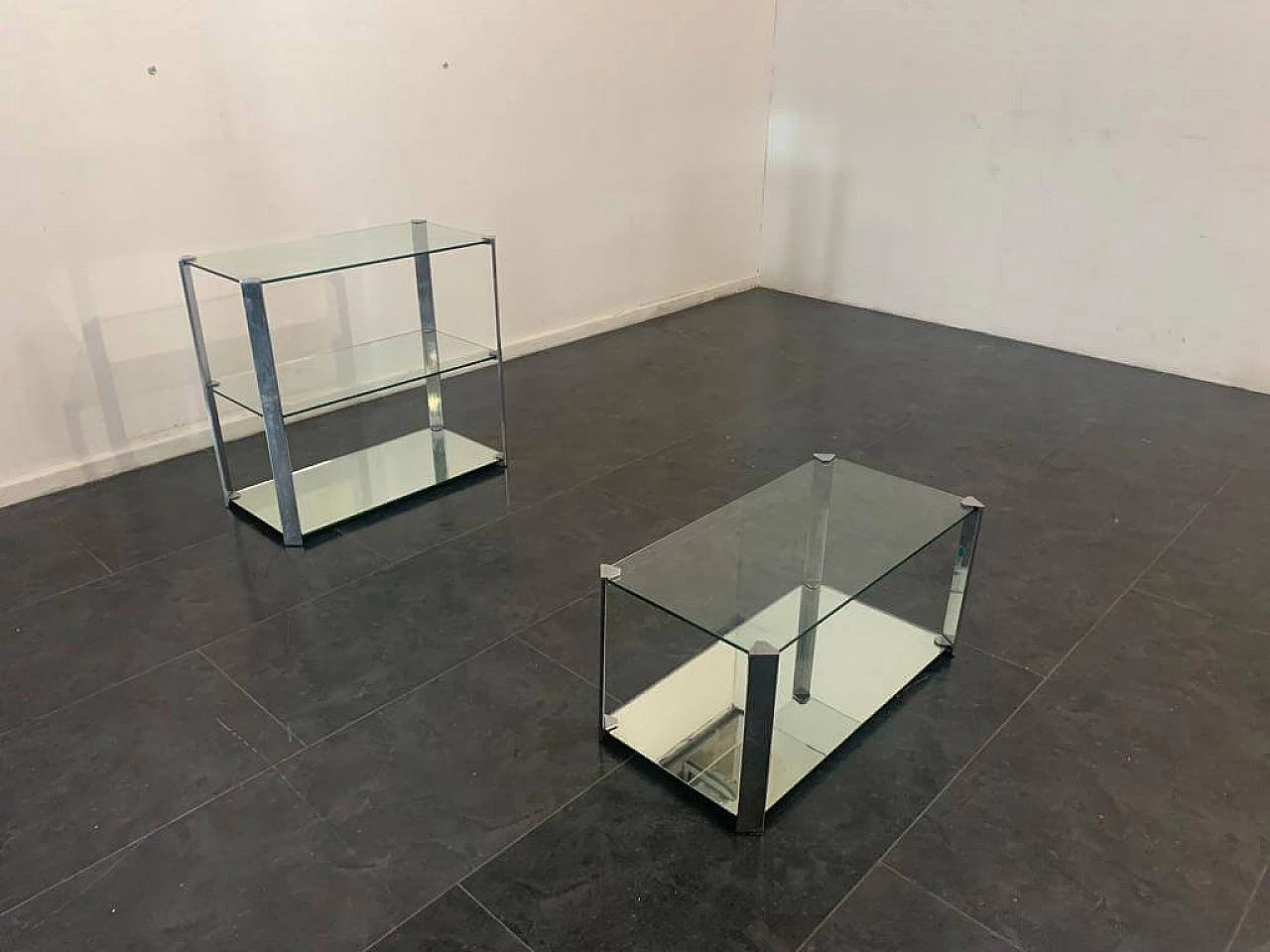 Crystal and steel coffee table and small cabinet for living room, 1970s 1326944